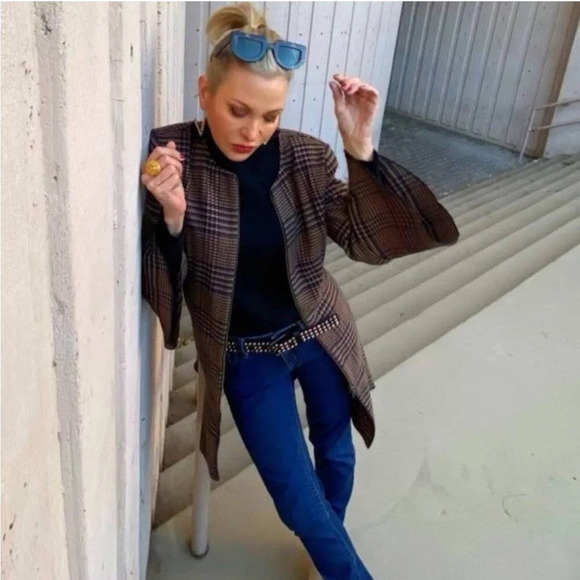 Cabi Flounce Jacket #3902 Tan Brown Navy Tartan Plaid S Zip Front Longline - Picture 3 of 12